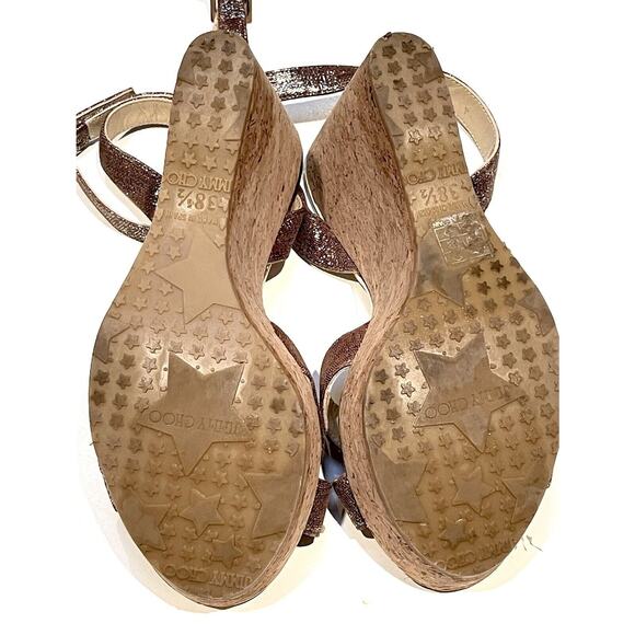Jimmy Choo Papyrus Gold Copper Shimmer Leather Cork Wedge Sandals Ankle 38.5 - Picture 12 of 12